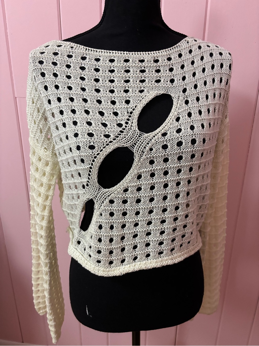 Cream Boho Fairy Rave Cropped Cut Out Eyelet Sweater Top Long Bell Sleeves Large